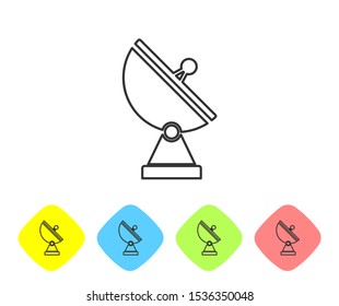 Grey line Radar icon isolated on white background. Military search system. Set icons in color rhombus buttons. Vector Illustration