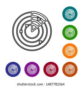 Grey line Radar with targets on monitor in searching icon isolated on white background. Military search system. Navy sonar. Set icons in color circle buttons. Vector Illustration