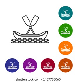 Grey line Rafting boat icon isolated on white background. Kayak with paddles. Water sports, extreme sports, holiday, vacation, team building. Set icons in color circle buttons. Vector Illustration