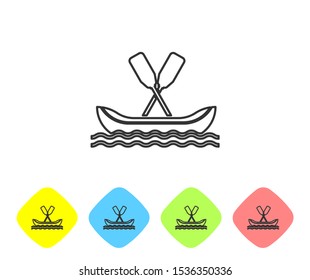 Grey line Rafting boat icon isolated on white background. Kayak with paddles. Water sports, extreme sports, holiday, vacation, team building. Set icons in color rhombus buttons. Vector Illustration