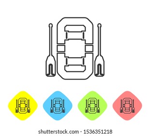 Grey line Rafting boat icon on white background. Inflatable boat with oars. Water sports, extreme sports, holiday, vacation, team building. Set icons in color rhombus buttons. Vector Illustration