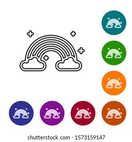 Grey line Rainbow with clouds icon isolated on white background. Set icons in color circle buttons. Vector Illustration
