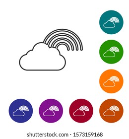 Grey line Rainbow with clouds icon isolated on white background. Set icons in color circle buttons. Vector Illustration