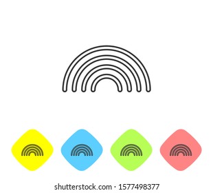 Grey line Rainbow with clouds icon isolated on white background. Set icons in color rhombus buttons. Vector Illustration