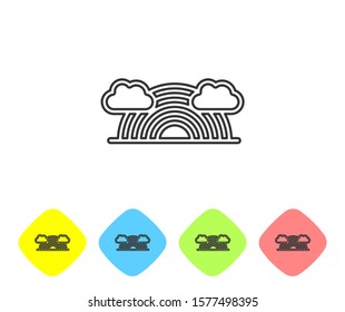 Grey line Rainbow with clouds icon isolated on white background. Set icons in color rhombus buttons. Vector Illustration