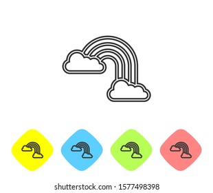 Grey line Rainbow with clouds icon isolated on white background. Set icons in color rhombus buttons. Vector Illustration