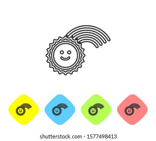 Grey line Rainbow with sun icon isolated on white background. Set icons in color rhombus buttons. Vector Illustration