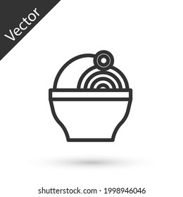 Grey line Ramen soup bowl with noodles icon isolated on white background. Bowl of traditional asian noodle soup. Vector