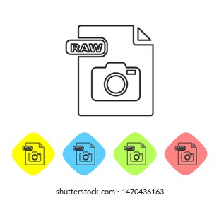 Grey line RAW file document. Download raw button icon isolated on white background. RAW file symbol. Set icons in color rhombus buttons. Vector Illustration