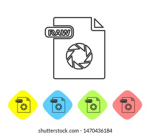 Grey line RAW file document. Download raw button icon isolated on white background. RAW file symbol. Set icons in color rhombus buttons. Vector Illustration