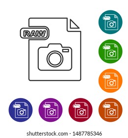 Grey line RAW file document. Download raw button icon isolated on white background. RAW file symbol. Set icons in color circle buttons. Vector Illustration