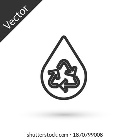 Grey line Recycle clean aqua icon isolated on white background. Drop of water with sign recycling. Vector.
