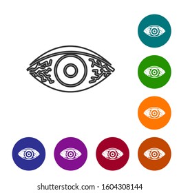 Grey line Reddish eye due to viral, bacterial or allergic conjunctivitis icon isolated on white background. Set icons in color circle buttons. Vector Illustration