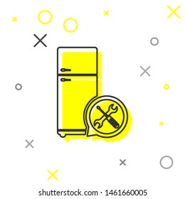 Grey line Refrigerator with screwdriver and wrench icon isolated on white background. Adjusting, service, setting, maintenance, repair, fixing.  Vector Illustration