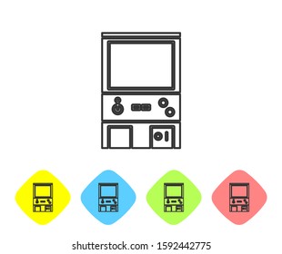 Grey line Retro arcade game machine icon isolated on white background. Set icons in color rhombus buttons. Vector Illustration
