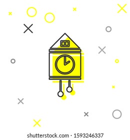 Grey line Retro wall watch icon isolated on white background. Cuckoo clock sign. Antique pendulum clock.  Vector Illustration