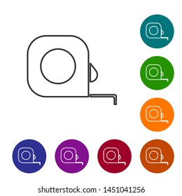 Grey line Roulette construction icon isolated on white background. Tape measure symbol. Set icon in color circle buttons. Vector Illustration