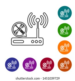Grey line Router wi-fi with screwdriver and wrench icon isolated on white background. Adjusting, service, setting, maintenance, repair, fixing. Set icon in color circle buttons. Vector Illustration