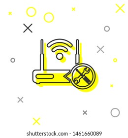 Grey line Router wi-fi with screwdriver and wrench icon isolated on white background. Adjusting, service, setting, maintenance, repair, fixing.  Vector Illustration