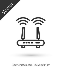 Grey line Router and wi-fi signal icon isolated on white background. Wireless ethernet modem router. Computer technology internet.  Vector