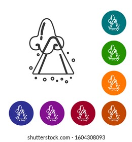 Grey line Runny nose icon isolated on white background. Rhinitis symptoms, treatment. Nose and sneezing. Nasal diseases. Set icons in color circle buttons. Vector Illustration