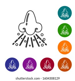 Grey line Runny nose icon isolated on white background. Rhinitis symptoms, treatment. Nose and sneezing. Nasal diseases. Set icons in color circle buttons. Vector Illustration