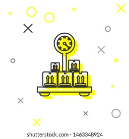Grey line Scale with cardboard box icon isolated on white background. Logistic and delivery. Weight of delivery package on a scale.  Vector Illustration