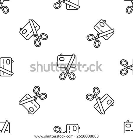 Grey line Scissors cutting a credit card icon isolated seamless pattern on white background. Online payment. Cash withdrawal. Financial operations. Shopping sign. Vector