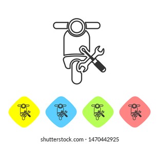 Grey line Scooter with screwdriver and wrench icon isolated on white background. Adjusting, service, setting, maintenance, repair, fixing. Set icon in color rhombus buttons. Vector Illustration