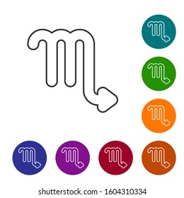 Grey line Scorpio zodiac sign icon isolated on white background. Astrological horoscope collection. Set icons in color circle buttons. Vector Illustration