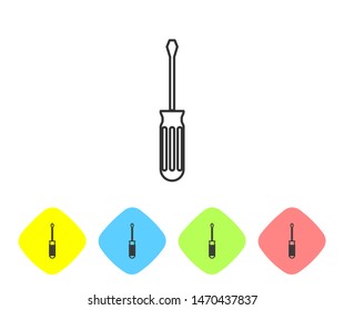Grey line Screwdriver icon isolated on white background. Service tool symbol. Set icon in color rhombus buttons. Vector Illustration