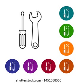 Grey line Screwdriver and wrench tools icon isolated on white background. Service tool symbol. Set icon in color circle buttons. Vector Illustration