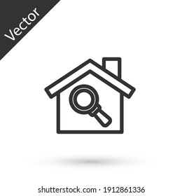 Grey line Search house icon isolated on white background. Real estate symbol of a house under magnifying glass. Vector.