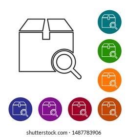 Grey line Search package icon isolated on white background. Parcel tracking symbol. Magnifying glass and cardboard box. Logistic and delivery. Set icons in color circle buttons. Vector Illustration