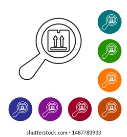 Grey line Search package icon isolated on white background. Parcel tracking symbol. Magnifying glass and cardboard box. Logistic and delivery. Set icons in color circle buttons. Vector Illustration