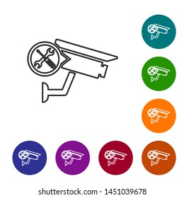 Grey line Security camera with screwdriver and wrench icon isolated on white background. Adjusting, service, setting, maintenance, repair, fixing. Set icon in color circle buttons. Vector Illustration