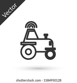 Grey line Self driving wireless tractor on a smart farm icon isolated on white background. Smart agriculture implement element.  Vector Illustration