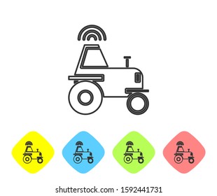 Grey line Self driving wireless tractor on a smart farm icon isolated on white background. Smart agriculture implement element. Set icons in color rhombus buttons. Vector Illustration
