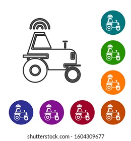 Grey line Self driving wireless tractor on a smart farm icon isolated on white background. Smart agriculture implement element. Set icons in color circle buttons. Vector Illustration