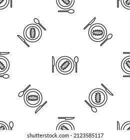 Grey line Served cucumber on a plate icon isolated seamless pattern on white background. Marine food.  Vector