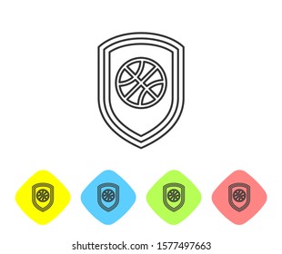 Grey line Shield in the basketball ball inside icon isolated on white background. Set icons in color rhombus buttons. Vector Illustration