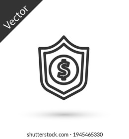Grey line Shield with dollar symbol icon isolated on white background. Security shield protection. Money security concept. Vector