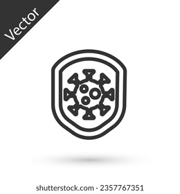 Grey line Shield protecting from virus, germs and bacteria icon isolated on white background. Immune system concept. Corona virus 2019-nCoV.  Vector