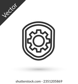 Grey line Shield with settings gear icon isolated on white background. Adjusting, service, maintenance, repair, fixing.  Vector Illustration