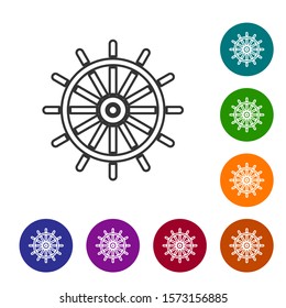 Grey line Ship steering wheel icon isolated on white background. Set icons in color circle buttons. Vector Illustration