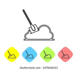 Grey line Shovel in the ground icon isolated on white background. Gardening tool. Tool for horticulture, agriculture, farming. Set icon in color rhombus buttons. Vector Illustration