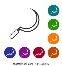 Grey line Sickle icon isolated on white background. Reaping hook sign. Set icon in color circle buttons. Vector Illustration