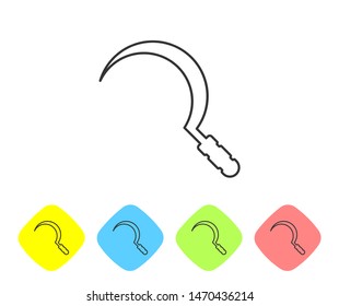 Grey line Sickle icon isolated on white background. Reaping hook sign. Set icon in color rhombus buttons. Vector Illustration