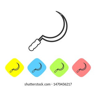 Grey line Sickle icon isolated on white background. Reaping hook sign. Set icon in color rhombus buttons. Vector Illustration