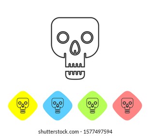Grey line Skull icon isolated on white background. Happy Halloween party. Set icons in color rhombus buttons. Vector Illustration